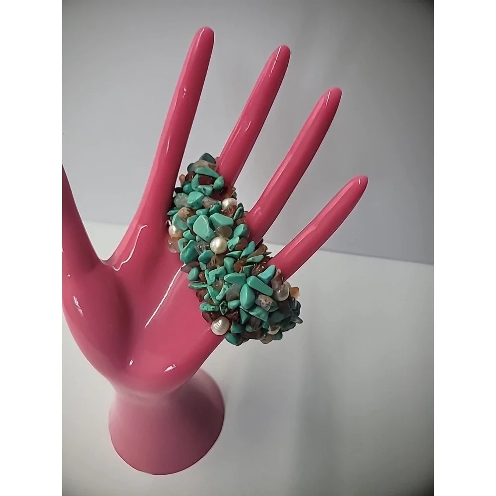 Vintage Bracelet Turquoise Amber Chip Beaded Stretch Jewelry Costume